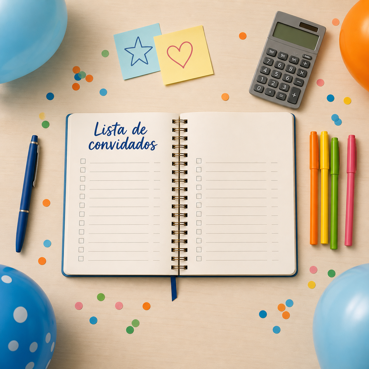 Caderno com lista de convidados, canetas coloridas, balões e calculadora para organizar uma festa infantil